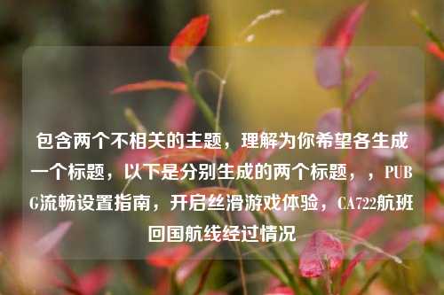 包含两个不相关的主题,理解为你希望各生成一个标题,以下是分别生成的两个标题,,PUBG流畅设置指南,开启丝滑游戏体验,CA722航班回国航线经过情况